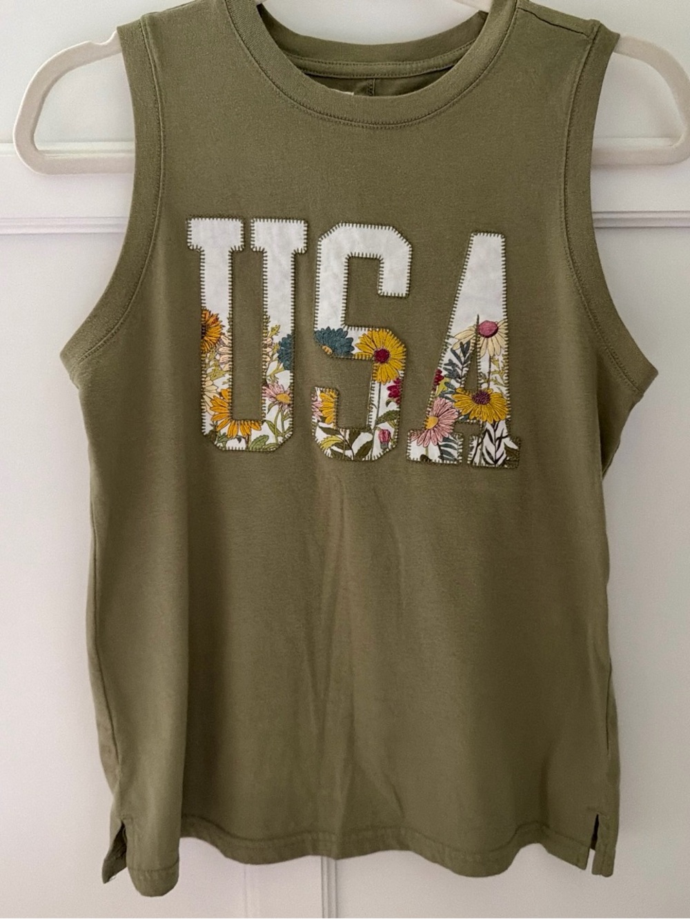 Maurices Olive Green Floral USA Appliqué Muscle Tank